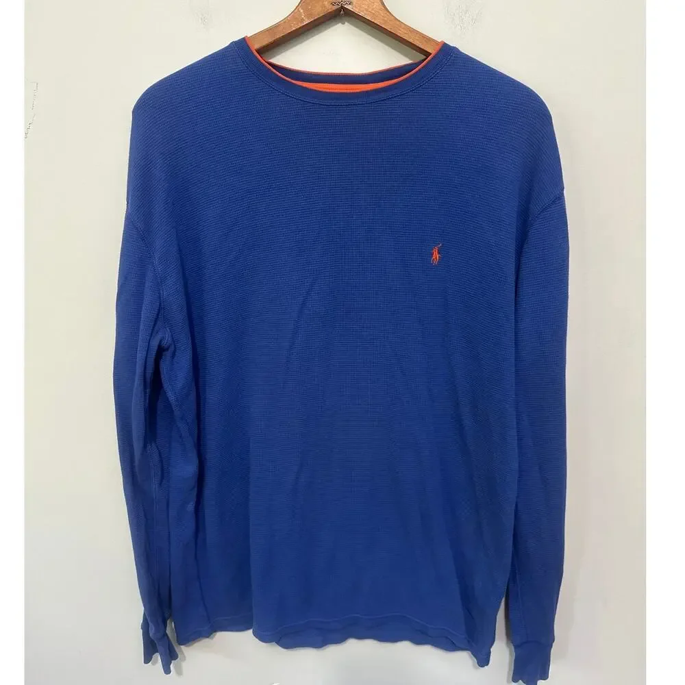 Polo Ralph Lauren Shirt Mens XL Blue Orange Trim Thermal Long Sleeve Waffle Knit